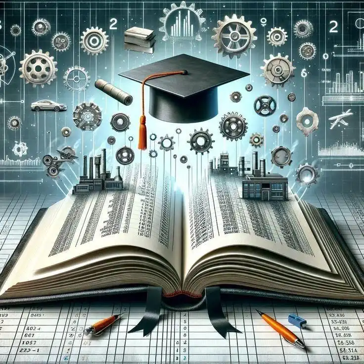 Open book with gears, graphs, and a graduation cap symbolizing knowledge, technology, and education. Concepts like industry and learning intertwined.