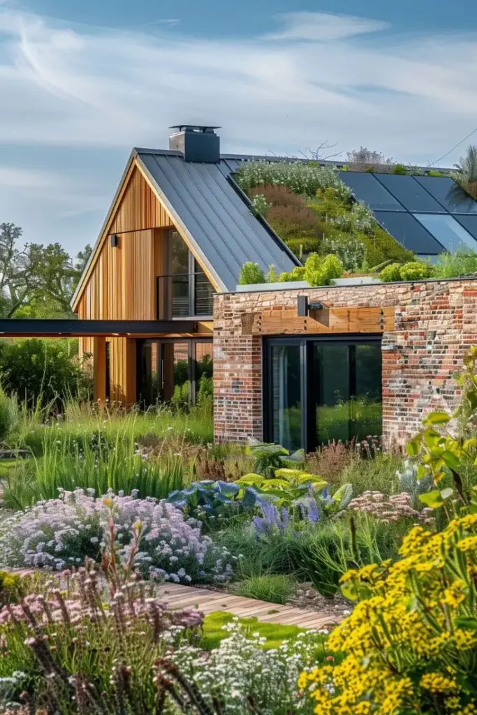 Modern eco-friendly home with solar panels and lush green roof surrounded by vibrant garden. Sustainable architecture concept.