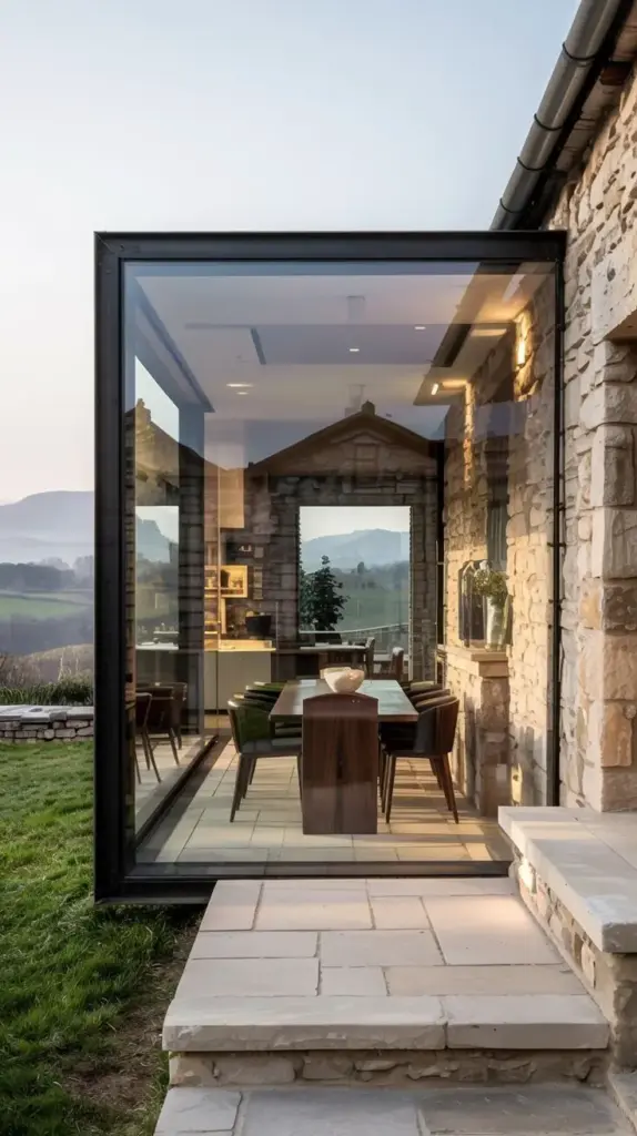 Modern glass extension on a stone house, showcasing a dining area with scenic countryside views. Ideal blend of rustic and contemporary design.