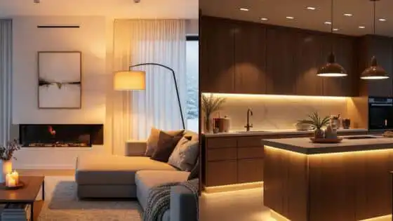 Modern living room and kitchen with warm lighting, cozy décor, and elegant wooden finishes for a stylish home interior.