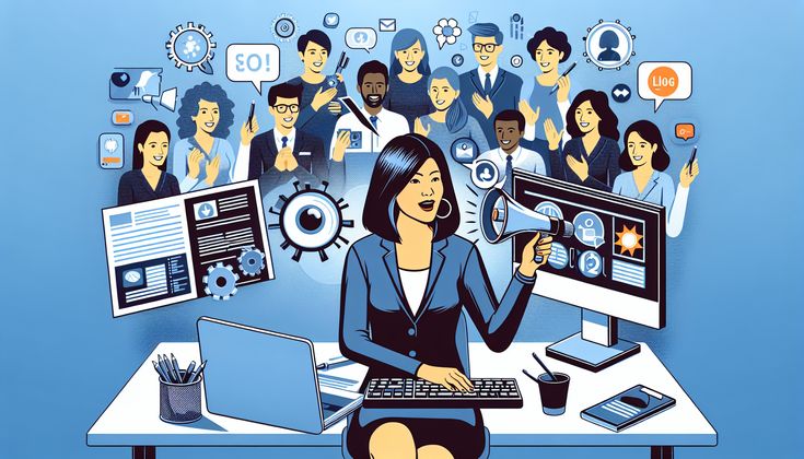 The Role of Storytelling in Content Marketing Businesswoman using megaphone at desk with digital marketing icons and diverse cheering team in background, symbolizing teamwork and success. | Sky Rye Design Businesswoman using megaphone at desk with digital marketing icons and diverse cheering team in background, symbolizing teamwork and success.