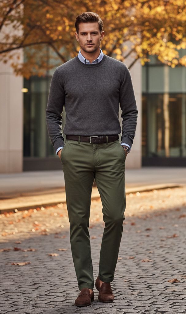 Man in a gray sweater and green pants walks on a cobbled street with autumn foliage in the background. Casual fall fashion