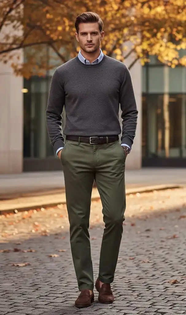 Man in a gray sweater and green pants walks on a cobbled street with autumn foliage in the background. Casual fall fashion