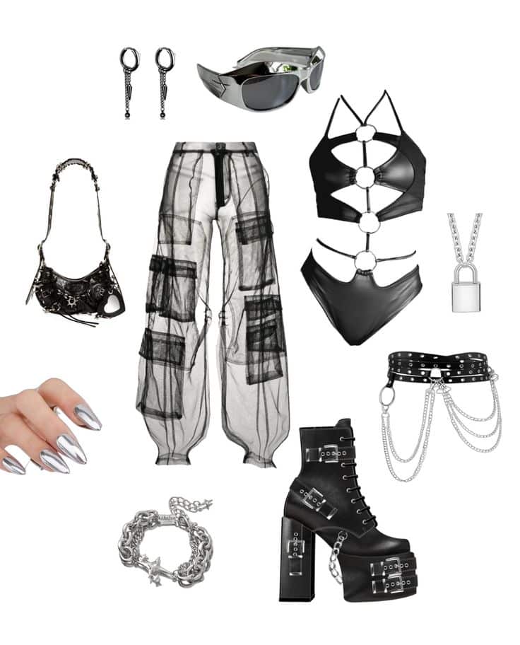 The Warehouse Project Outfit Inspo Edgy goth fashion set with black strappy top, sheer pants, chunky boots, silver accessories, futuristic sunglasses, and | Sky Rye Design Edgy goth fashion set with black strappy top, sheer pants, chunky boots, silver accessories, futuristic sunglasses, and