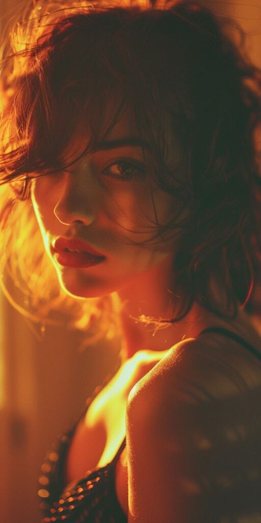 The Warm Glow of Golden Hour Perfecting Sunlit Portraits Dramatic portrait of a woman in moody lighting, with tousled hair and intense gaze, evoking mystery and glamour. | Sky Rye Design Dramatic portrait of a woman in moody lighting, with tousled hair and intense gaze, evoking mystery and glamour.