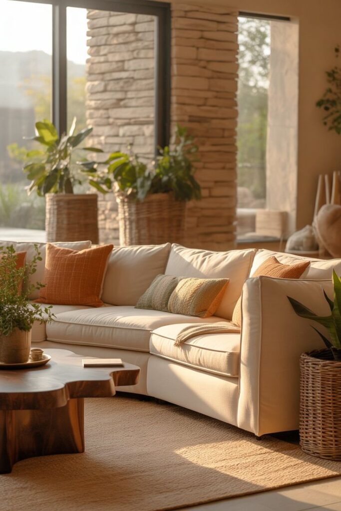 Cozy living room with a beige sofa, colorful cushions, large windows, and indoor plants in wicker baskets. Warm and inviting