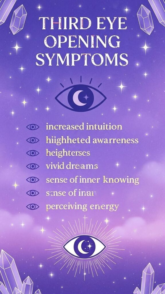 Third Eye Opening Symptoms What Increased Intuition and Awareness Can Gently Mean Third eye opening symptoms list with eye icon: increased intuition, heightened awareness, vivid dreams, perceiving energy on purple background. | Sky Rye Design Third eye opening symptoms list with eye icon: increased intuition, heightened awareness, vivid dreams, perceiving energy on purple background.