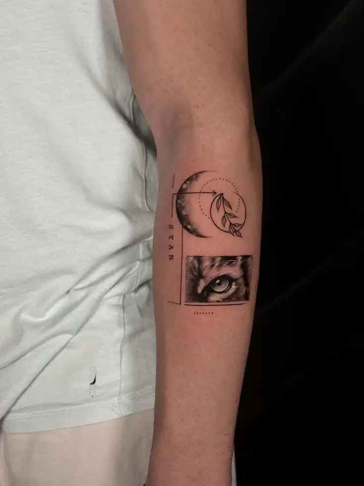 Tiger Eye Moon Fusion Tattoo _ Minimal Surreal Design Greek style Forearm tattoo featuring a moon with leaves and a detailed eye design, combining celestial and natural elements for a unique look. | Sky Rye Design Forearm tattoo featuring a moon with leaves and a detailed eye design, combining celestial and natural elements for a unique look. Significance of Eye Tattoos