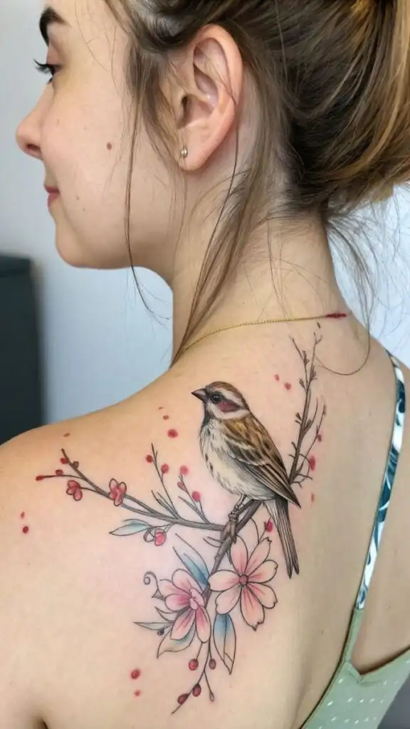 Woman with a vibrant bird and cherry blossom tattoo on shoulder, showcasing artistic detail and color. Ideal for tattoo