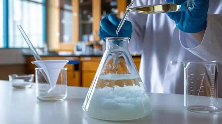 Scientist pouring liquid into an Erlenmeyer flask in a laboratory setting, illustrating chemistry experiment and research