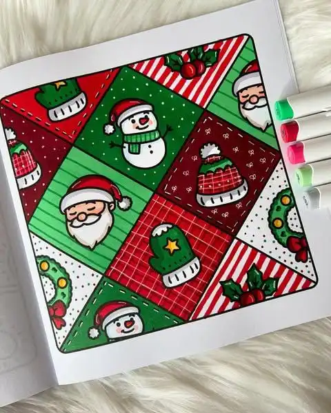 Todas las publicaciones Instagram Festive Christmas coloring page with Santa, snowmen, and holly decorations in red and green patterns, surrounded by markers. | Sky Rye Design Festive Christmas coloring page with Santa, snowmen, and holly decorations in red and green patterns, surrounded by markers.