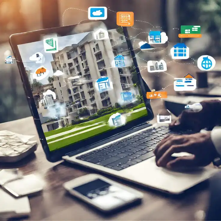 Person using a laptop with a virtual interface of real estate icons, illustrating digital property management and smart home