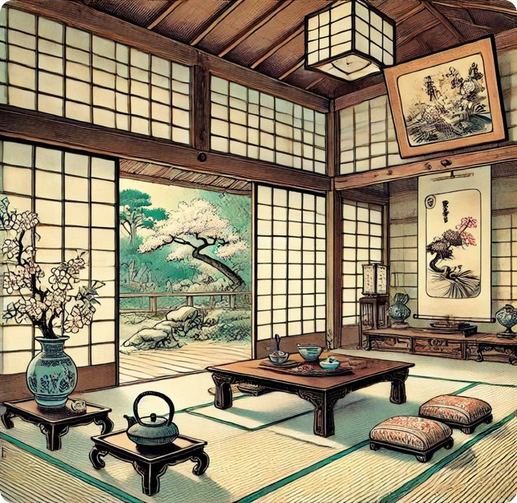 Traditional Japanese Tatami Room - Timeless Japanese Art Traditional Japanese room with tatami mats, shoji screens, tea set, and a serene garden view, embodying minimalistic zen aesthetics. | Sky Rye Design Traditional Japanese room with tatami mats, shoji screens, tea set, and a serene garden view, embodying minimalistic zen aesthetics.