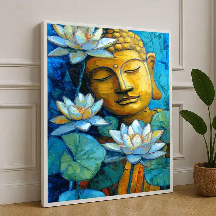 Colorful painting of serene Buddha with blooming lotus flowers, vibrant blue and yellow tones, enhancing peaceful ambiance