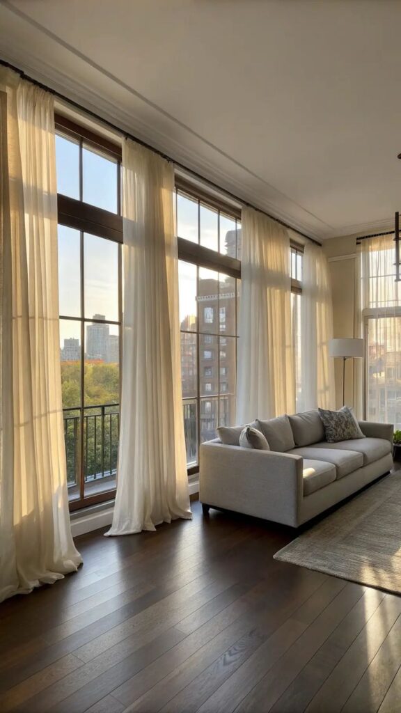 Transformative Curtain Ideas for Your Living Room_ A Designers Guide Spacious living room with floor-to-ceiling windows, sheer curtains, and a cozy gray sofa, overlooking a cityscape at sunset. | Sky Rye Design Spacious living room with floor-to-ceiling windows, sheer curtains, and a cozy gray sofa, overlooking a cityscape at sunset.