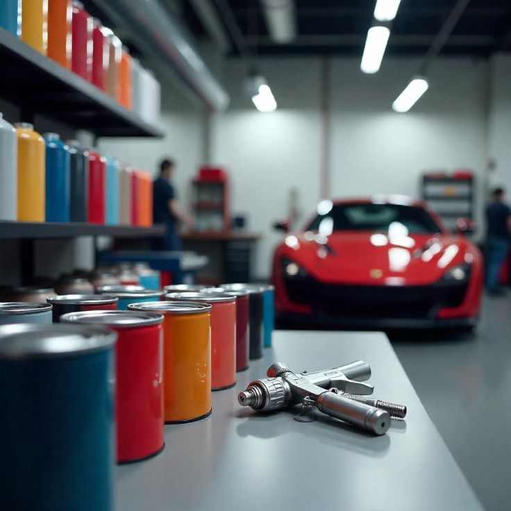 Trusted Automotive Paint Supply Solutions by SS Industries Auto paint shop with colorful paint cans and red sports car in the background, highlighting automotive customization and detailing. | Sky Rye Design Auto paint shop with colorful paint cans and red sports car in the background, highlighting automotive customization and detailing.
