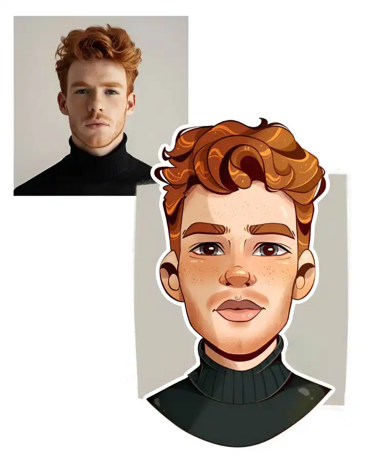 Portrait of a red-haired man in a black turtleneck, alongside a cartoon version of himself, showcasing a creative visual transformation.