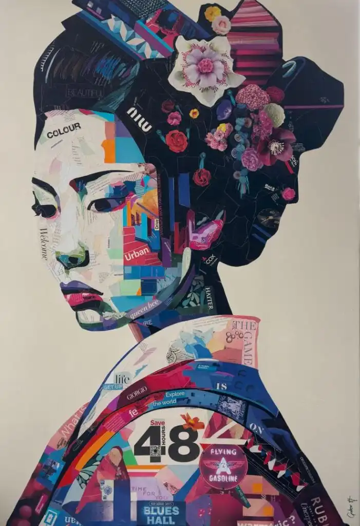 URBAN GEISHA on Wood Panel Handmade Collage Artwork Contemporary Collage Art Pop Art Collage Unique Home Art Paper Collage Artwork Collage art of a woman's profile, decorated with colorful text, flowers, and patterns, showcasing imaginative and abstract creativity. | Sky Rye Design Collage art of a woman's profile, decorated with colorful text, flowers, and patterns, showcasing imaginative and abstract creativity.
