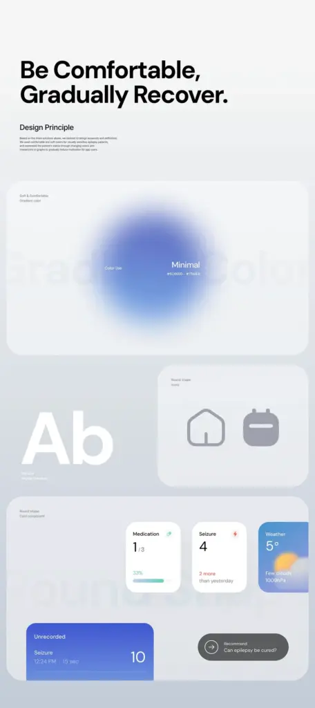 Ultra-Fast Interfaces 1 Minimalist design emphasizing gradual recovery using soft gradients and rounded shapes for epilepsy patient support interface. | Sky Rye Design Minimalist design emphasizing gradual recovery using soft gradients and rounded shapes for epilepsy patient support interface.