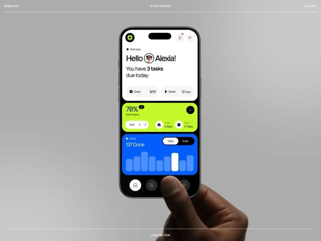 Ultra-Fast Interfaces 3 Person holding smartphone displaying a task management app interface with AI features and progress tracking on a gray background. | Sky Rye Design Person holding smartphone displaying a task management app interface with AI features and progress tracking on a gray background.