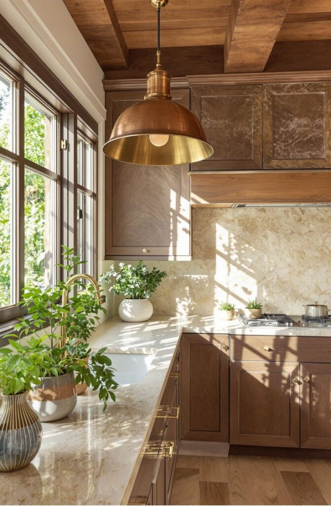 Bright kitchen with rustic wood cabinets, marble countertops, green plants, and a stylish copper pendant light, exuding