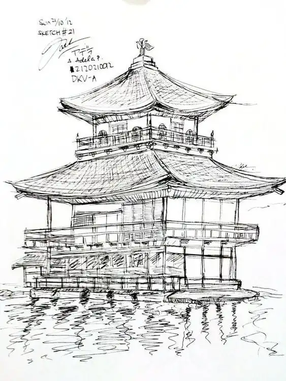Intricate architectural sketch of a traditional Japanese pagoda over water, showcasing detailed linework and cultural design elements.