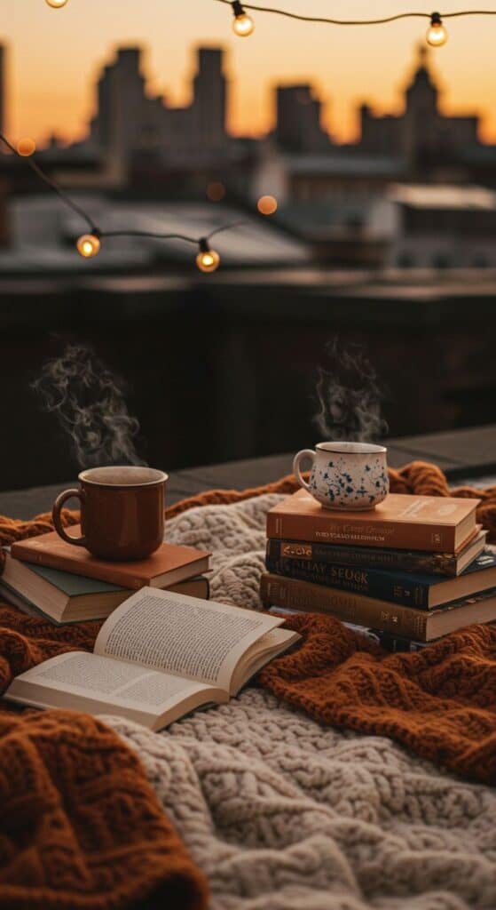 Vibe Mix Wallpapers Mood-Powered Aesthetic Cozy fall evening with steaming mugs, books, and warm blankets on an outdoor deck under glowing string lights at sunset. | Sky Rye Design Cozy fall evening with steaming mugs, books, and warm blankets on an outdoor deck under glowing string lights at sunset.