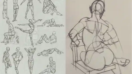 Sketches of human figure studies, showing various poses and anatomy from different angles, emphasizing proportions and form.