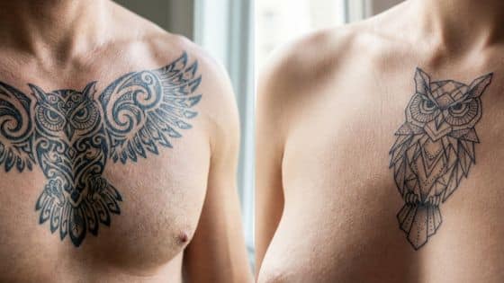 Two people display chest tattoos of owls; one intricate design on the left, and a geometric style owl on the right.