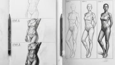 Sketchbook showing step-by-step female figure drawing processes, including outline, shading, and detailed completion.