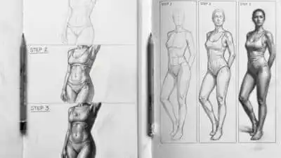 Sketchbook showing step-by-step female figure drawing processes, including outline, shading, and detailed completion.