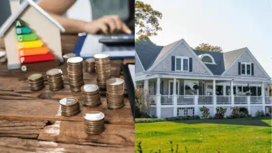 Viewing-Deck-Blog Stacks of coins with energy efficiency model on left, spacious suburban house on right, symbolizing energy saving and property investment. | Sky Rye Design Stacks of coins with energy efficiency model on left, spacious suburban house on right, symbolizing energy saving and property investment.