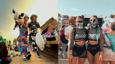 Festival-goers in vibrant outfits and masks enjoying an outdoor music event, capturing the lively atmosphere and unique