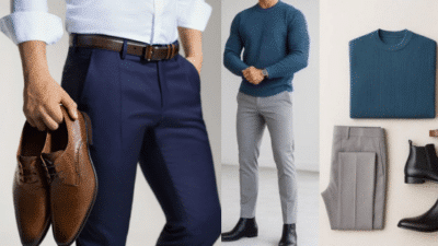 Men's fashion inspiration: brown shoes, dress pants, and sweaters paired with boots and casual attire for a modern, stylish