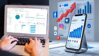 Laptop displaying analytics next to a smartphone showing social media metrics and graphs, symbolizing digital marketing growth strategies.
