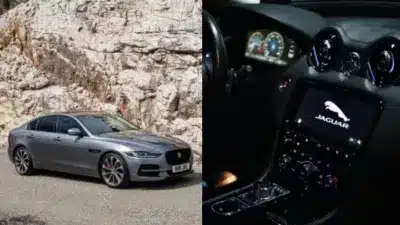 Gray Jaguar sedan parked by rock wall; right side shows luxurious interior with infotainment system displaying Jaguar logo.