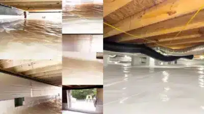 Crawl space encapsulation with bright white vapor barrier and insulation, ensuring moisture control and energy efficiency.
