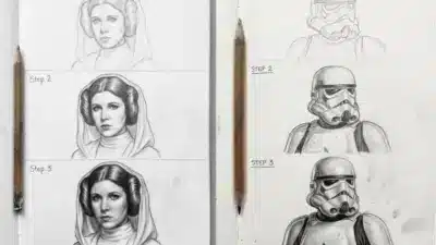 Step-by-step pencil sketches of iconic sci-fi characters next to a pencil, showing detailed progression from outline to shading.