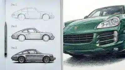 Steps to drawing a classic car, showcased beside a detailed colored sketch of a modern green sports car.