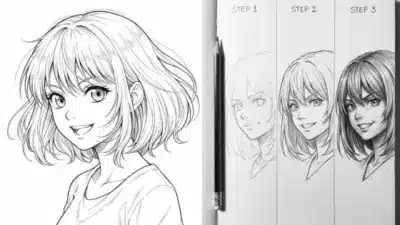 Step-by-step guide to drawing anime girl with pencil. Illustrates progression from sketch to shaded artwork in three stages.