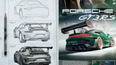 Step-by-step sketches of a Porsche GT3 RS alongside a detailed illustration of the car, showcasing design and final