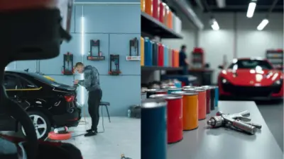 Car repair shop with a technician working on a black car and shelves stocked with colorful paint cans and a spray gun in the foreground.