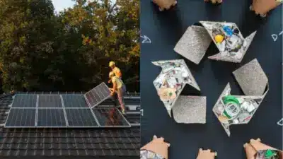 Workers install solar panels on a roof; recycling symbol depicted with waste materials, emphasizing sustainability and eco-friendly practices.