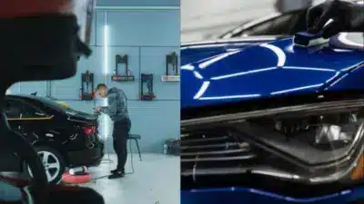 Man polishing a black car in a workshop; close-up of blue car headlight being detailed, showcasing professional auto detailing service.