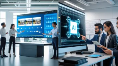 Business team discussing AI technology on large interactive screens in a modern office setting.