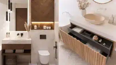 Luxurious modern bathroom with wood accents, vessel sink, open cabinets, elegant lighting, and decorative elements for a