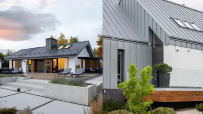 Modern minimalist home with metal roofs, large windows, and stylish outdoor spaces surrounded by greenery and a peaceful sky