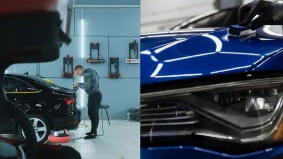 Viewing-Deck-Blog-_1_ Man polishing a black car in a workshop; close-up of blue car headlight being detailed, showcasing professional auto detailing service. | Sky Rye Design Man polishing a black car in a workshop; close-up of blue car headlight being detailed, showcasing professional auto detailing service.