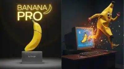 Creative ad showing 'Banana Pro' by Google and a lively banana character jumping from a computer screen, symbolizing innovation and fun.