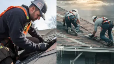Roofers in safety gear repair a shingle roof, ensuring quality and safety in construction. Overcast sky and tools visible, showing work in progress.